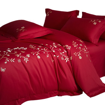 Stefor 100 cotton embroidery high-end newlywed bright red wedding room bedding four-piece set high-end dowry