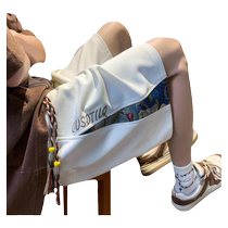 New Chinese style national style shorts mens summer embroidered loose bear ice silk pants casual sports color matching five-point medium pants