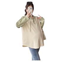 Maternity wear autumn suit hooded loose large size western style sweatshirt to cover the belly plus velvet thickened spring and autumn tops and jackets