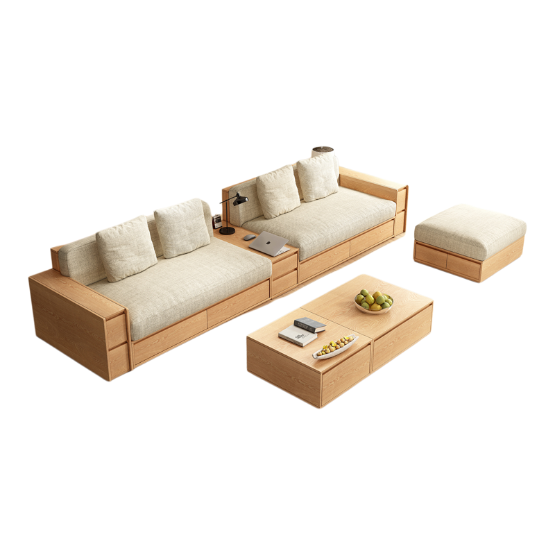 Sofa panel storage solid wood sofa small apartment log style drawer living room furniture beige fabric removable and washable sofa