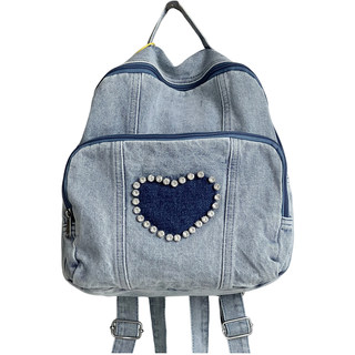 Original Washed Denim Heart-Shaped Rhinestone Backpack, Trendy Retro College Design, Versatile Backpack