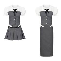 Soote Season original preppy two-piece patchwork shirt top pleated skirt three-piece suit