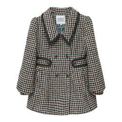 LULUALWAYS/I Love Lulu green houndstooth wool design ອອກ​ແບບ​ເສື້ອ​ຄຸມ​ຍາວ​ກາງ​ເຕົ້າ​ນົມ​ສອງ​ເທົ່າ​ກັບ​ແອວ