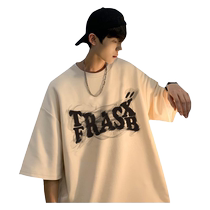 Heavy cotton printed short-sleeved T-shirt mens summer thin loose trendy brand handsome American high street five-point half-sleeve