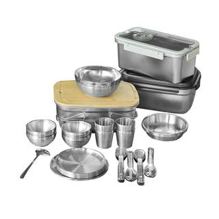 Lthw lvteng outdoor tableware full set camping bowl chopsticks spoon double bowl water cup dish plate 304 stainless steel