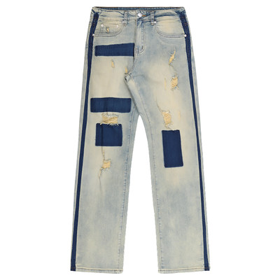 New factor tide brand new retro washed old color matching hole straight jeans men's high street trend trousers