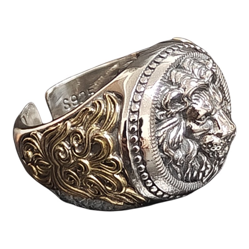 Trendy sterling silver inlaid copper arabesque lion head ring