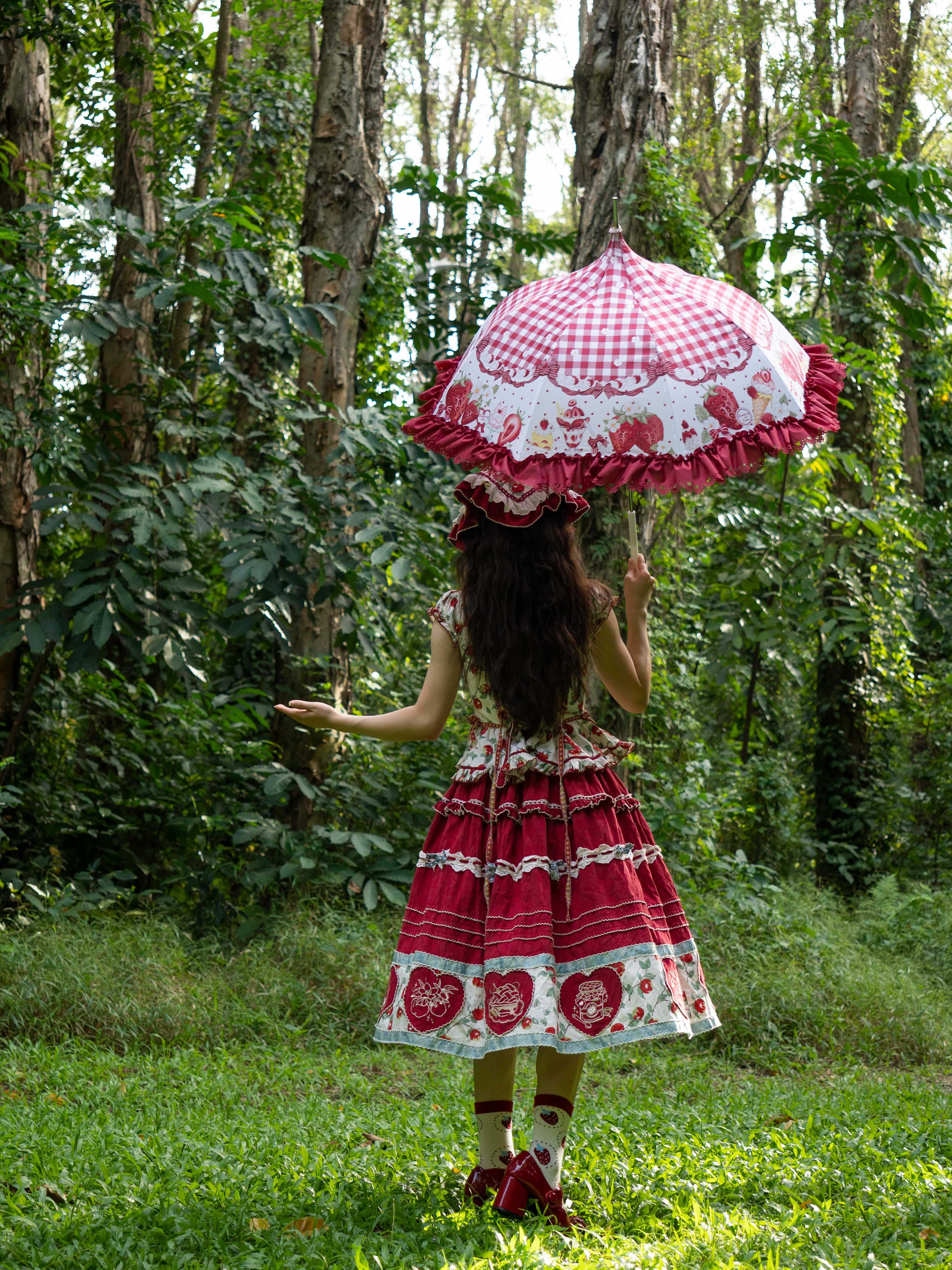 Sweet Strawberry Manual Pagoda Umbrella, Dual-Use Rain Umbrella, Lolita Print, Red Long Handle Lolita Umbrella