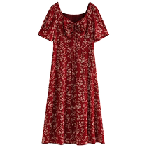 Single bundle large size womens simple French pleated square neck dress womens summer new style slightly fat mm high waist floral skirt