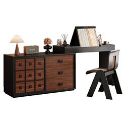 Chanson-Style Vintage Dressing Table and Dresser Combo for Bedroom, Retro Flip-Top Solid Wood Makeup Table, High-End Bedside Storage Cabinet