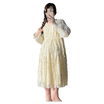 Maternity wear autumn 2024 new dress for women with petite temperament and slim V-neck large size mid-length babydoll dress
