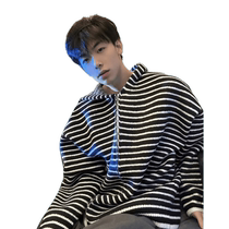 American contrasting color hooded sweater for men in spring and autumn lazy style striped high-end loose and versatile sweater for teenagers