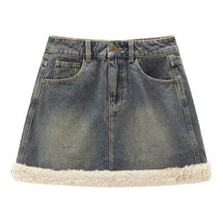 【商场同款】乐町仿羊羔毛拼接牛仔短裙新款复古半身裙C2HEE4226