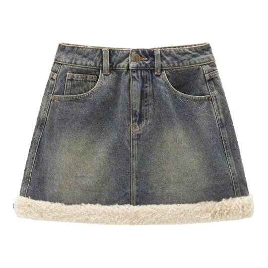 【商场同款】乐町仿羊羔毛拼接牛仔短裙新款复古半身裙C2HEE4226