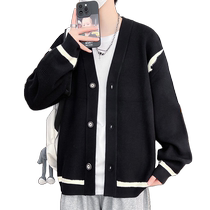Knitted jacket mens spring and autumn new loose cardigan sweater jacket mens trendy striped splicing casual coat