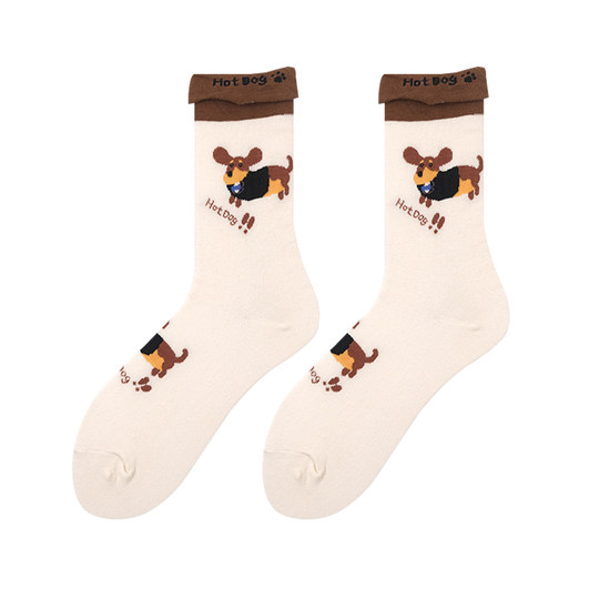 Cartoon vertical striped puppy socks for women mid-calf