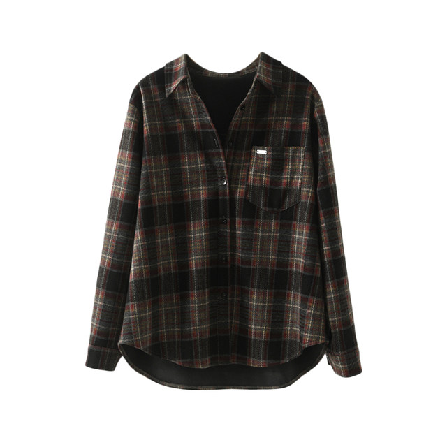 Women's velvet shirt jacket winter one-piece velvet plaid shirt