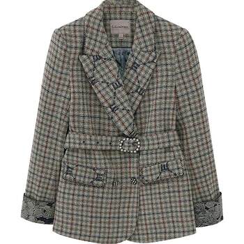 LULUALWAYS retro temperament lapel plaid belt waist slim woolen coat ສໍາລັບແມ່ຍິງ