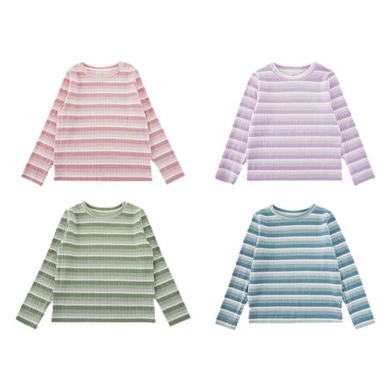 
Youyou Girls Gradient Stripe Base Shirt 2025 Spring and Autumn Lively Candy Color Slim Round Collar Top Trendy