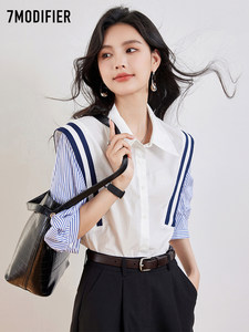 拉夏贝尔7M2026年春季新款学院风气质五分袖条纹泡泡袖衬衫上衣女