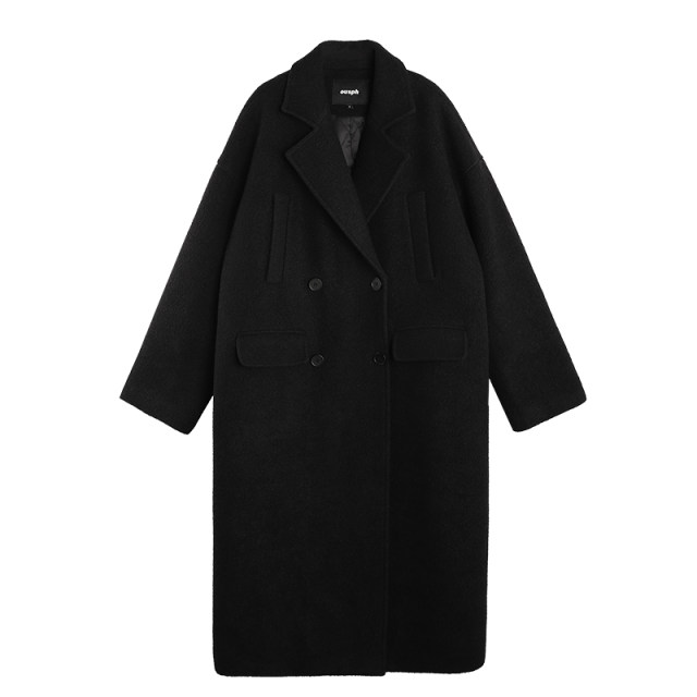 ousph黑色羊毛呢子过膝外套女2024冬季长款宽松高级感气质大衣潮