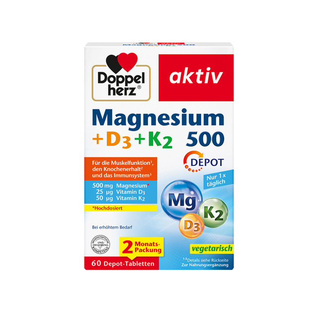 Double Heart Magnesium 500 ວິຕາມິນ D3K2 ເມັດໂພຊະນາການ