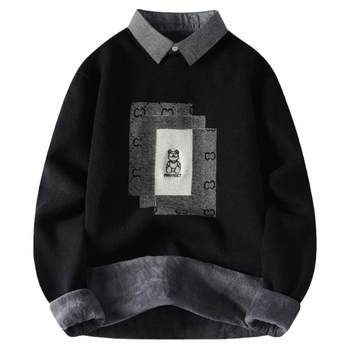 Woodpecker trendy knitted shirt collar plus velvet sweater for men Woodpecker trendy knitted shirt collar plus velvet sweater for men