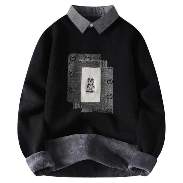 Woodpecker trendy knitted shirt collar plus velvet sweater for men