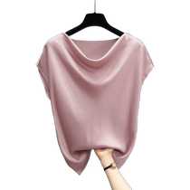 Elegant one-shoulder sling collar acetate silk satin top for women summer pink short-sleeved T-shirt versatile T-shirt