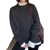Grey round neck sweater womens autumn winter new Korean version loose outside wearing a lazy wind set and a small subshort jacket