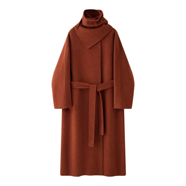 Silk camel velvet detachable scarf collar waisted long coat