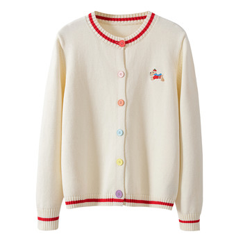 100% cotton colorful button embroidered color block crew neck cardigan