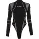Mesh color-blocked half turtleneck bottoming shirt with letter print topstitch long-sleeved slim T-shirt American versatile jumpsuit for women
