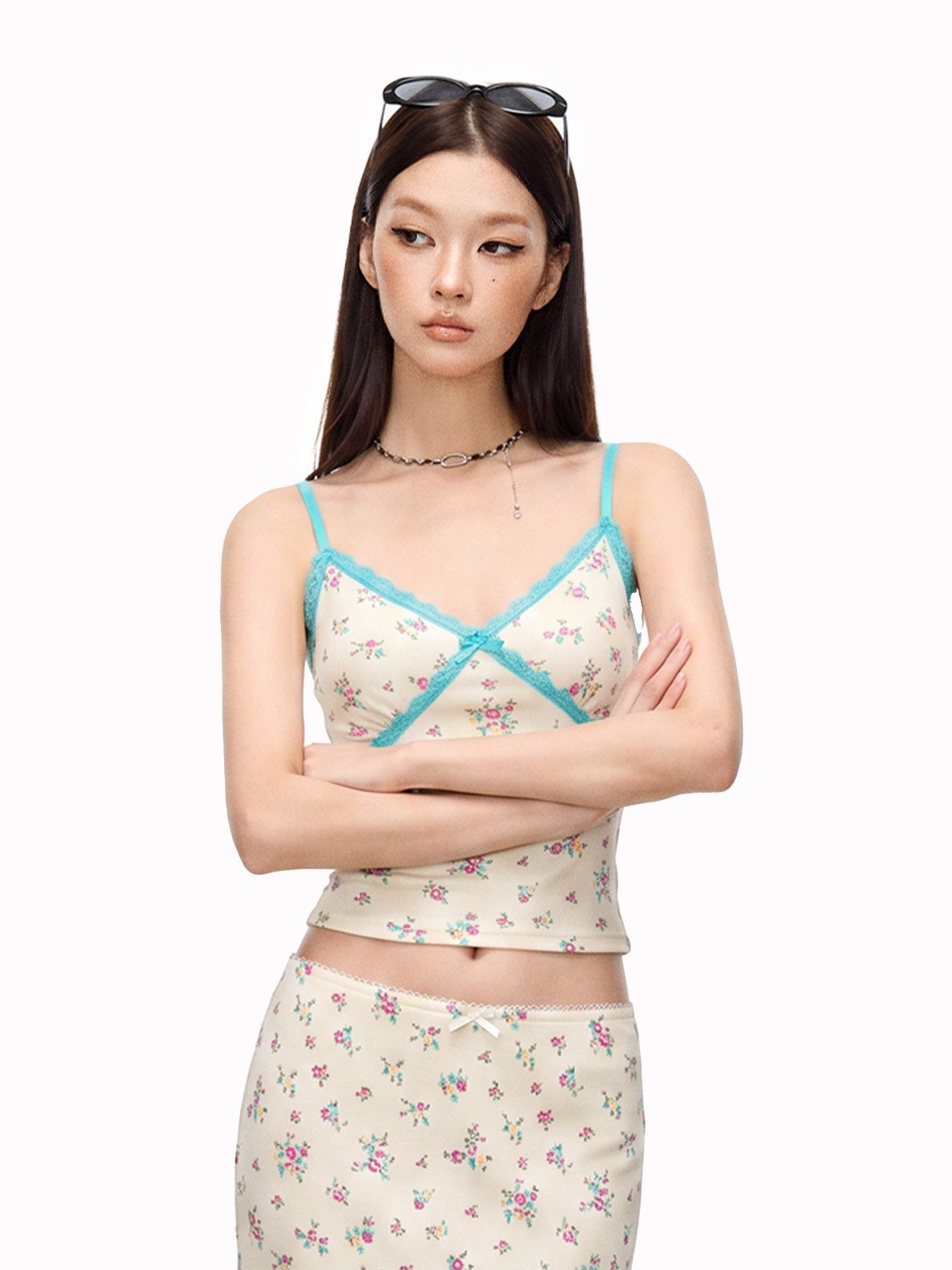 เสื้อกล้ามลายดอกไม้ สีตัดกัน Cherry Melody ชุดชั้นในและชุดใส่ด้านนอก รูปทรงสลิมฟิต สำหรับผู้หญิง สไตล์สาวหวาน