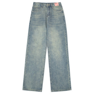 Women's summer washed vintage blue wide leg jeans