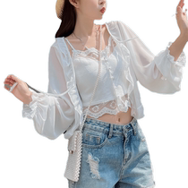 Chiffon sun protection cardigan for women summer thin style with suspender skirt shawl blouse fashionable and versatile lace-up ruffled jacket
