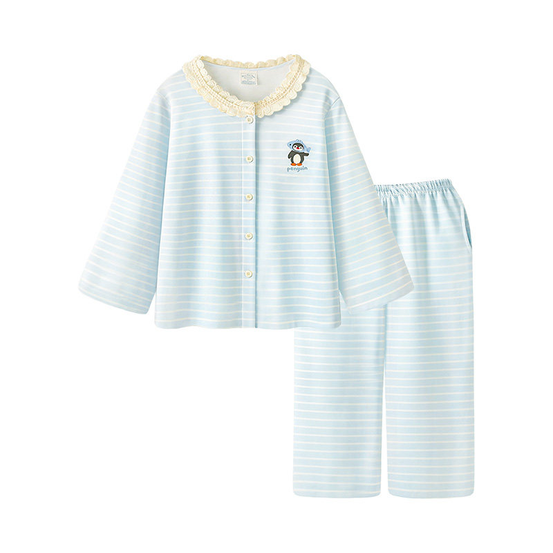 Pajamas for women, autumn and spring pure cotton long-sleeved blue home clothes
