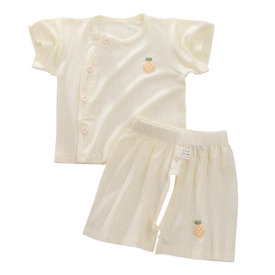 婴儿衣服夏季薄款上衣冰丝莫代尔男女宝宝0一6月夏装短袖短裤套装