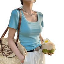 Blue Square Neck Right Shoulder Short Sleeve T-shirt Womens Summer Slim Big Neck T-shirt Slim Cotton Low Collar Collarbone Top