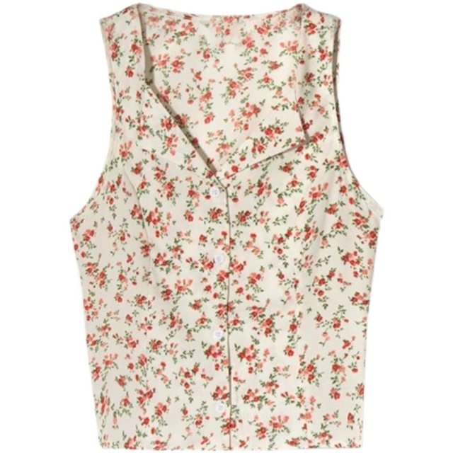 Retro pastoral single-breasted sleeveless short shirt