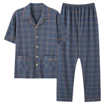 Langsha men's pajamas summer pure cotton trousers short-sleeved trousers can be worn outside large size plaid cardigan thin home clothes set