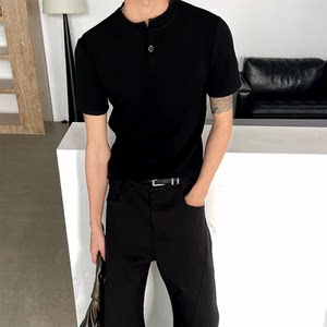 高级感贵公子宝石正肩亨利领T恤上衣V领夏季老钱短袖百搭潮流简约