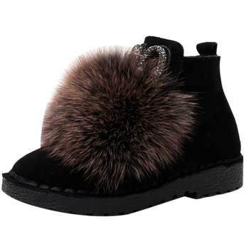 Rabbit fur plus velvet thickened snow boots women's short boots winter new frosted cowhide flat cotton shoes large size women's boots