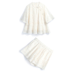 MIUCO Hollow Embroidery Beading Disc Button Tassel Ruffle Top + Wide Leg Shorts Set