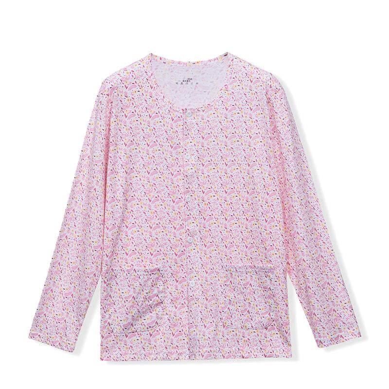 春夏开衫秋衣女长袖中老年汗衫纯棉女家居薄款开衫上衣对襟空调衫