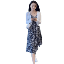 Suspension floral dress womens 2024 summer thin long-sleeved sun protection cardigan fashionable age-reducing two-piece skirt