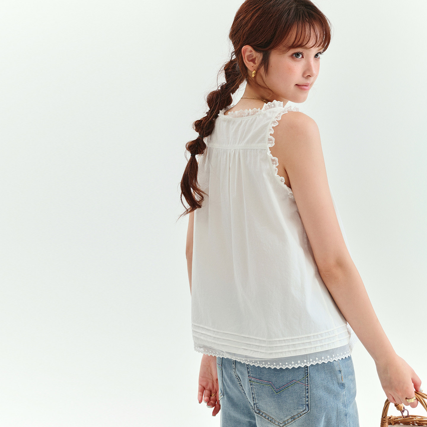 「Beidao Amuu Original」เสื้อกั๊กผ้าฝ้ายแท้ แต่งขอบลูกไม้สุดหวาน สำหรับผู้หญิง สไตล์ใหม่ฤดูร้อน เสื้อสีขาวทรงหลวม
