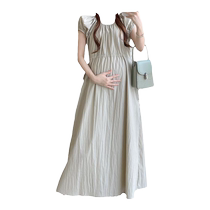 Maternity dress summer style 2024 new fashion round neck summer dress loose summer thin puff sleeve skirt