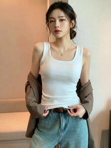 猫人白色u领吊带背心女2026新款夏修身西装内搭外穿螺纹上衣方领