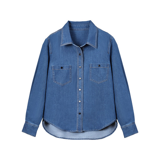 大洪洪【休闲格调】秋冬款翻领长袖蓝色叠穿牛仔衬衫女衬衣